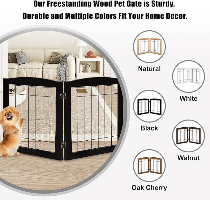 LZRS 2-Panel Freestanding Foldable Wood Dog Gate – Solid Wood & Steel Wire, Chew-Resistant Pet Barrier for Indoor Use, Ideal for Small to Medium Dogs, Black
