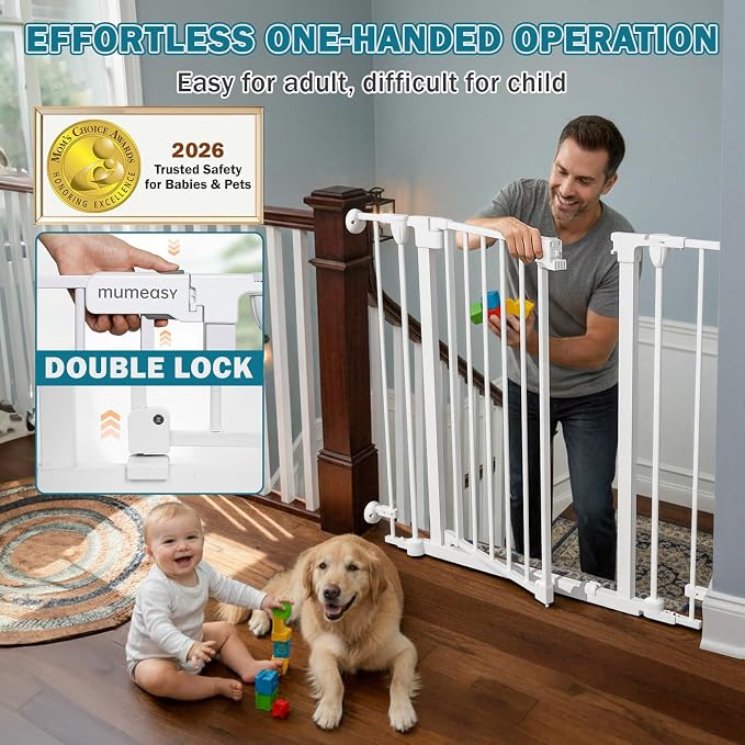 Mumeasy 80" Extra Wide Baby Gate for Doorways & Stairs, Dog Gate Indoor | Hardware Mounted Pet Gate, Auto Close Walk Thru Door, Large Child Safety Fence for Outdoor, Deck, Yard, 3 Metal Panels, White
