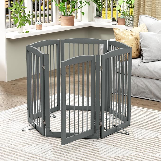 PUPETPO Freestanding Pet Gate with Door, Tall Dog Gate for House, Dog Gates for the House Extra Wide, Pet Puppy Safety Fence, Support Feet Included, 120 Inch Wide, 6 Panels 32" Tall, Gray