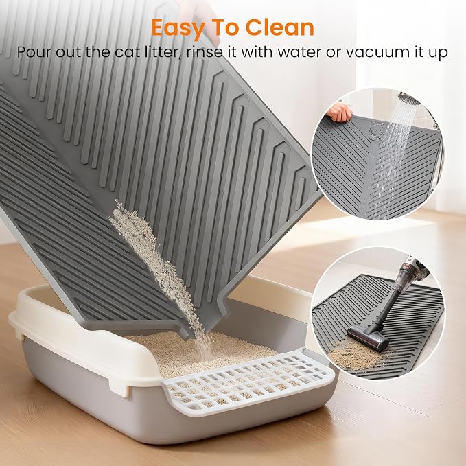 Large Silicone Cat Litter Mat Litter Trapping Pad for Litter Box | 34" x 22", Silicone, Foldable, Non-Slip, Friendly Soft on Cat Paws, Easy to Clean, Scatter Control, Gray