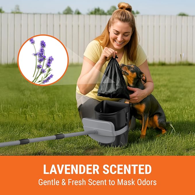 Pupzle Dog Pooper Scooper with Bag Attachment, 40" Long Handle | Dog Poop Scoop for Yard, Large Capacity Swivel Bin and Rake Pooper Scooper, Lavender Scented Bags for Large Dogs (Black)