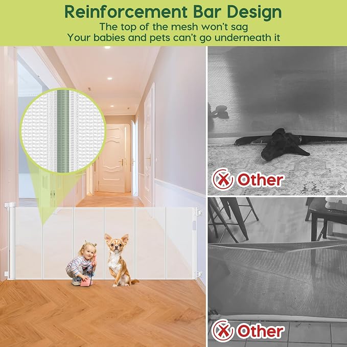 Reinforced 80 Inch Extra Wide Retractable Baby Gate with Support Rods, Indoor/Outdoor Retractable Pet Gates for Wide Openings, 33” Tall Mesh Dog Gate Indoor Extra Long Baby Gates for Decks, White