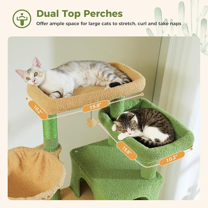 69" Cactus Cat Tree for Indoor Cats Large Adult, Multi-Level Cat Tower | Multi-Level Cat Tree with Scratching Posts, Soft Padded Perch, 2 Dangling Toys