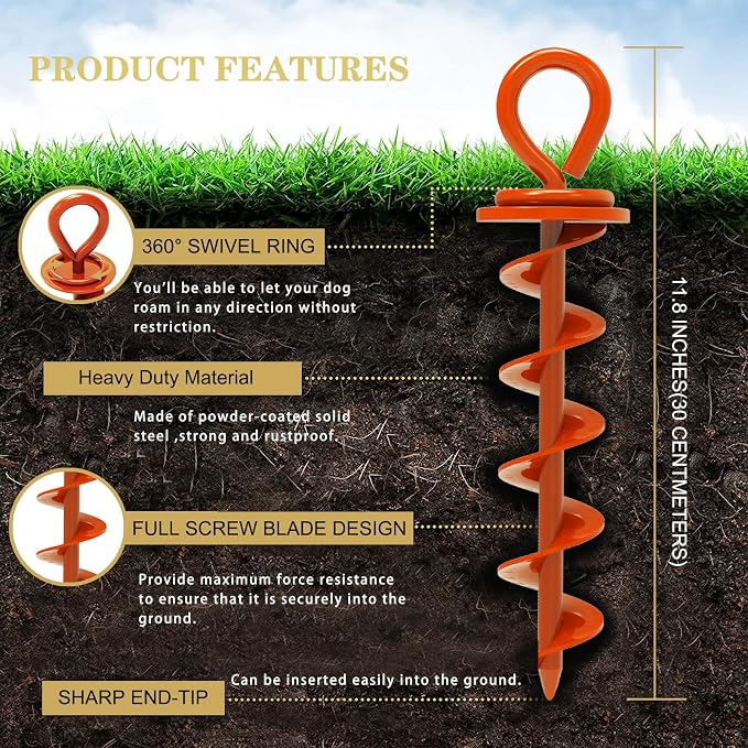 Eurmax USA Heavy Duty Dog Tie Out Stake, No-Tangle In Ground Anchor Runner for Large Dogs up to 210 Lbs - Perfect for Yard, Beach and Camping (Medium,Orange)