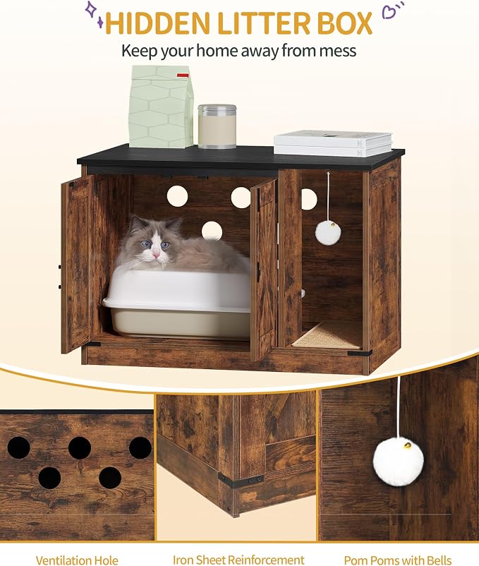 Hzuaneri Cat Litter Box Enclosure, Hidden Litter Box Cabinet Furniture | Indoor Cat House with Bell, Farmhouse Style, 31.5 x 19.7 x 20.9 Inches, for Hallway, Bedroom, Rustic Brown and Black CB82401X