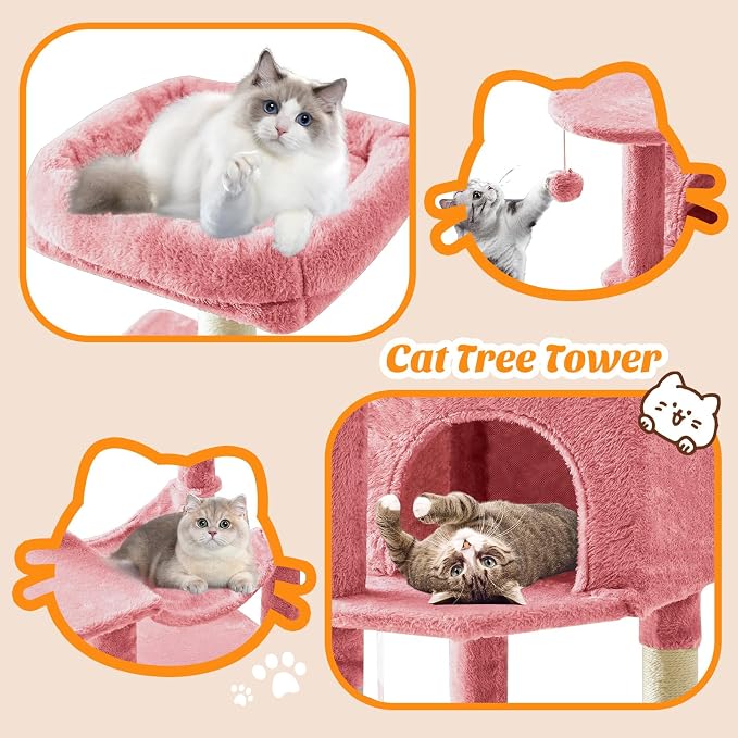 DUMOS Small 44 Inch Cats Tree Tower with Scratching Posts, Pink | Cat Climbing Tower with Hammock, Pet Condo for Indoor Cats and Kittens Play