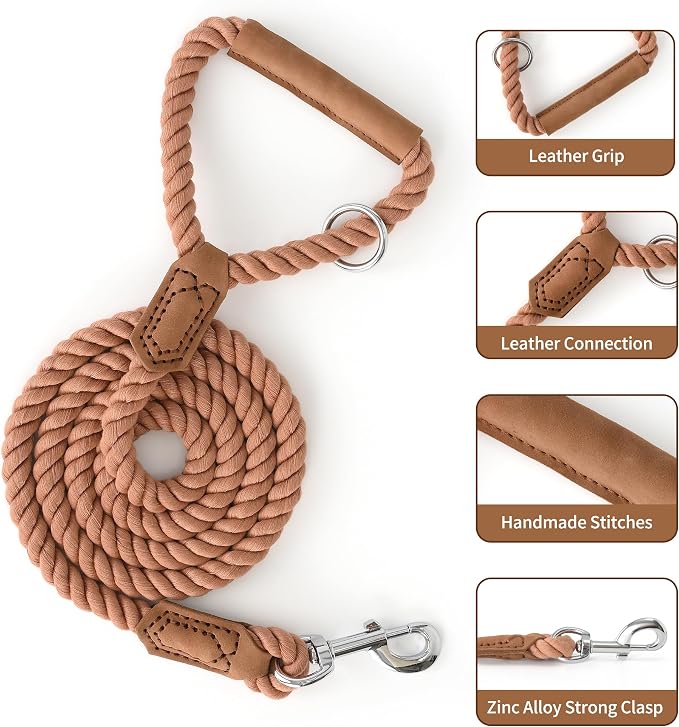 Mile High Life Dog Leash Braided Cotton Rope w/Leather-Wrapped Ends/Handle | Rust-proof 360° swivel clasp, Heavy-duty for medium/large breeds. Great for weddings, daily walks (5 FT, 1/2", Brown)