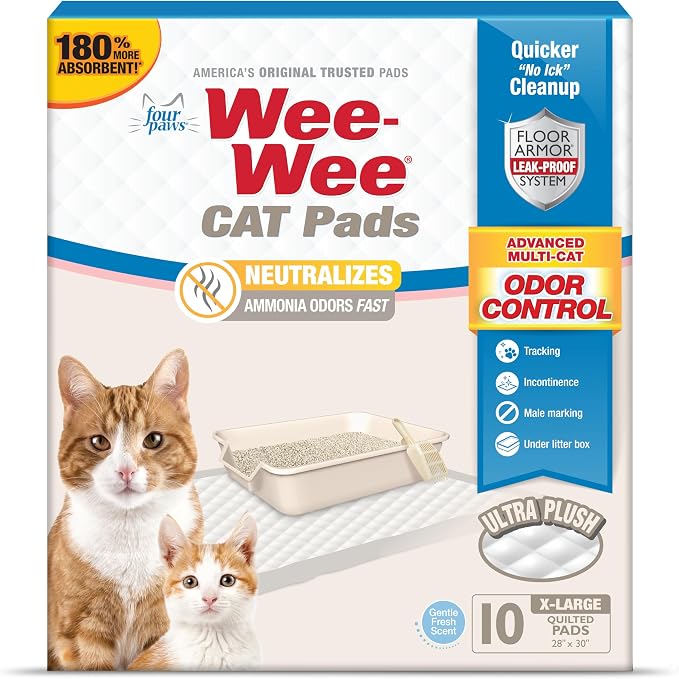Four Paws Wee-Wee Cat Pads, Fresh Scent, 10 Count | Disposable litter box mats, great for under litter boxes, advanced odor control, fast absorption, litter tracking, 28" x 30"