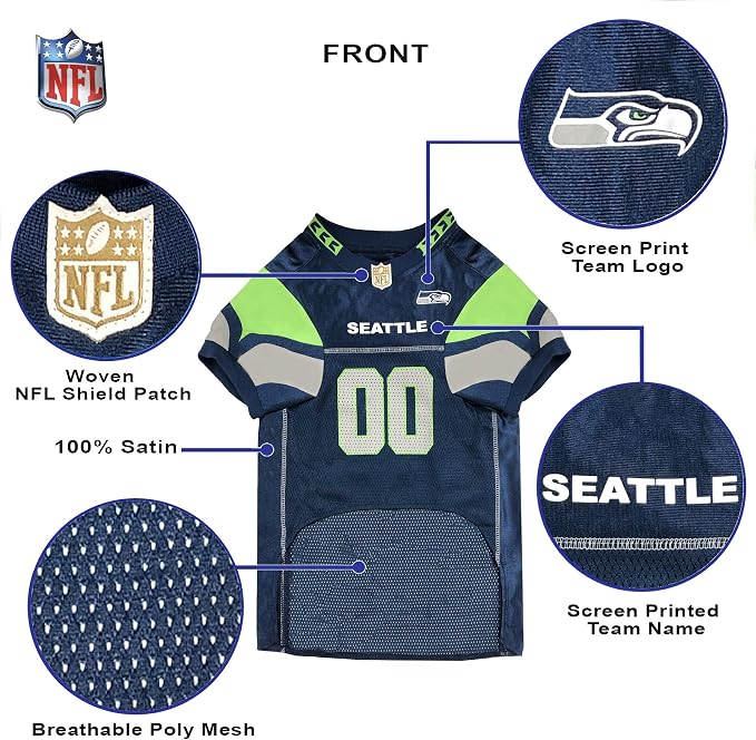 Pets First NFL Seattle Seahawks Dog Jersey, Size Large, Football Shirt Costume for Pet, Dog Sports T-Shirt, NFL Team Clothing for Cats, Licensed Pet Apparel Available in 7 Sizes and 32 Teams