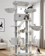 Gitelsnour Tall Cat Tree Tower for for Multiple Cats, Large Condo, GCT031W | 78.7"(200cm) Multi-level Scratching Post for Indoor Large Adult, 2 Condo, 4 Platforms, 3 Hammock, Sisal Rope, Toys Light Gray