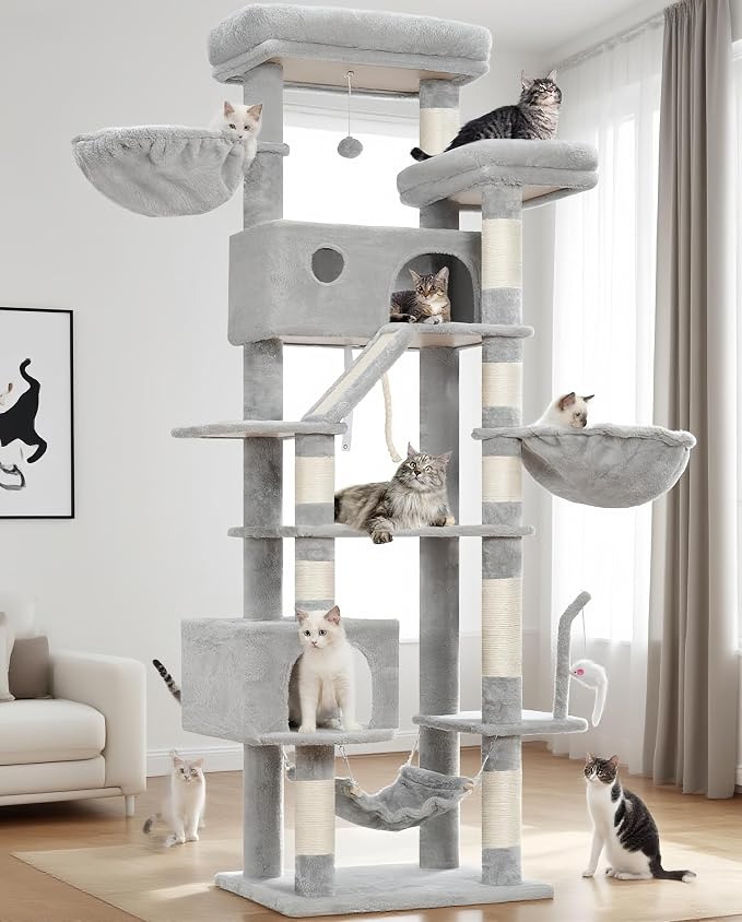Gitelsnour Tall Cat Tree Tower for for Multiple Cats, Large Condo, GCT031W | 78.7"(200cm) Multi-level Scratching Post for Indoor Large Adult, 2 Condo, 4 Platforms, 3 Hammock, Sisal Rope, Toys Light Gray