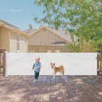 140" Extra Wide Baby Gates for Dogs Indoor Outdoor Retractable Gate, White | Indoor/Outdoor Retractable Pet Gate Extra Long Baby Gate, Space-Saving, Easy to Use, Safety Lock, Durable Mesh, Easy Install
