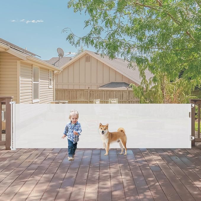 140" Extra Wide Baby Gates for Dogs Indoor Outdoor Retractable Gate, White | Indoor/Outdoor Retractable Pet Gate Extra Long Baby Gate, Space-Saving, Easy to Use, Safety Lock, Durable Mesh, Easy Install