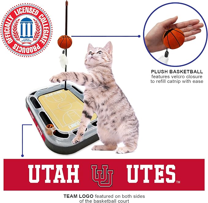 CATS SCRATCHER NCAA Utah Utes Basketball Court CAT Scratcher Toy with Catnip Filled Plush Basketball Toy & Feather Cat Toy Hanging, with Jingle Bell Interactive Ball Cat Chasing 5-in-1 Kitty Toy
