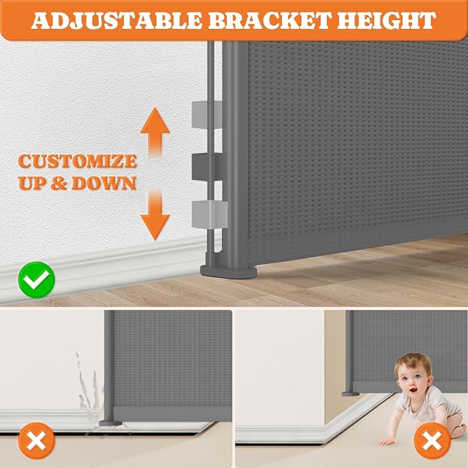 Pawtners Retractable Baby Gates, 41" Tall Extends up to 71" Wide, Gray | Extra Wide Dog Gate Indoor with for Stairs, Pet Gate with Support Rods for Doorways Hallways Indoor & Outdoor