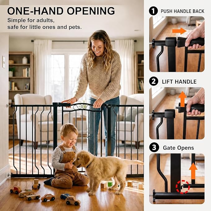 67.3"-81.1" Extra Wide Baby Gate & Dog Gate, Pressure Mounted No Drilling Pet Gate for Doorways & Large Openings, with Walk-Through, Auto-Close & Dual-Direction Swing, Black