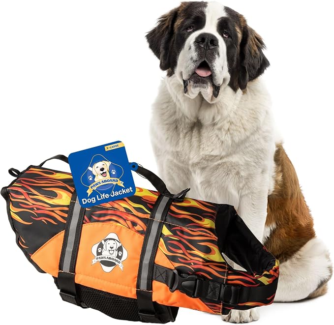 Dog Life Jacket — Premium Swim Vest with SafeChin Anti-Choke Collar | PAWS Aboard Racing Flames | RapidLift Rescue Handle, D-Ring, Reflective Trim | Boating, Kayaking, Pool | X-Large (80–110 lbs)