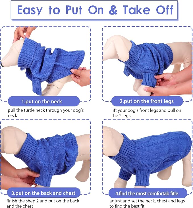 Queenmore Small Dog Pullover Sweater, Cold Weather Cable Knitwear, Classic Turtleneck Thick Warm Clothes for Chihuahua, Bulldog, Dachshund, Pug (Royal Blue, Large)
