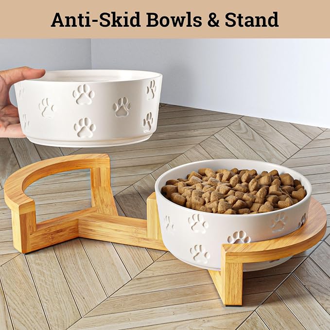 Ceramic Dog Bowl Set of 2, Anti-Skid Bamboo Stand, Elevated, 3.8 Cups Each | Thick Ceramic Food and Water Bowls Set of 2, Dishwasher Safe, Anti-Skid Rubber Base, 3.8 Cups per Bowl, Sturdy Bamboo Stand