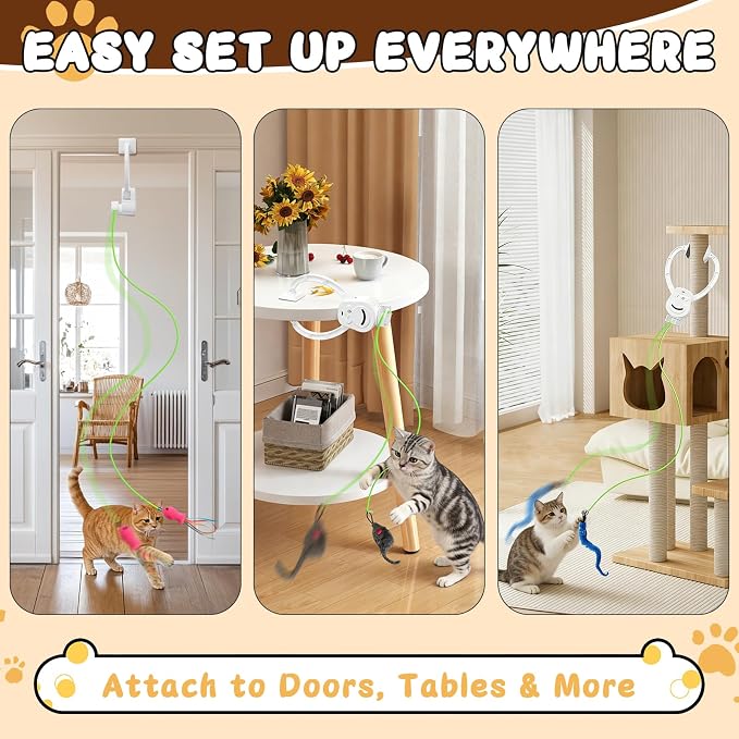 Automatic Interactive Cat Toy for Indoor Cats, Hanging Cat Toy | Door hanging design with 360° rotating motion, USB-C rechargeable and smart touch restart.