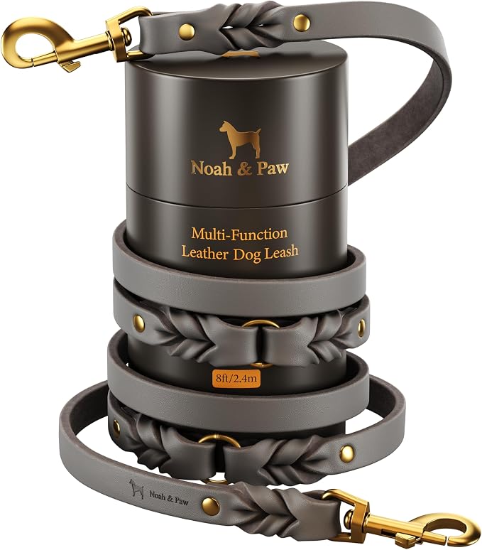 NOAH & PAW Leather Dog Leash, Premium Oil-Waxed Leather Braided, 8 ft Long Dog Leash with 6 Ways to Use Hands-Free, Quick-tie, Double Pet Lead Etc. Matching Collar Available. (Grey)