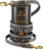 NOAH & PAW Leather Dog Leash, Premium Oil-Waxed Leather Braided, 8 ft Long Dog Leash with 6 Ways to Use Hands-Free, Quick-tie, Double Pet Lead Etc. Matching Collar Available. (Grey)