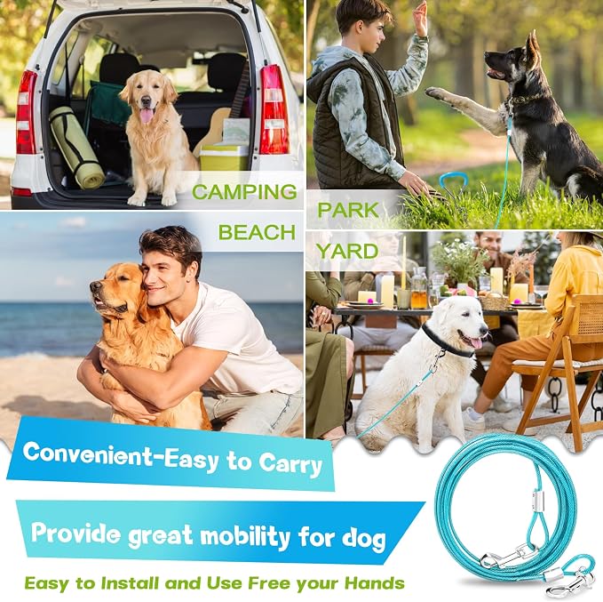 Supet Dog Tie Out Cable and Stake, Heavy Duty Runner with 32/16/10 FT Lead, Long Leash/Tether for Camping Backyard Outdoor Ground, Chain for Medium Large Dogs up to 125lbs