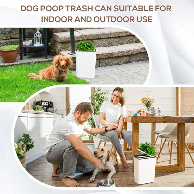 Jingmore Dog Poop Trash Can Outside 3.96 Gal/15 L Plant Styled Dog Waste Trash Can with Lid 50 Waste Bags Outdoor Indoor Poop Container Slim Garbage Bin for Yard Garden Pet (White)