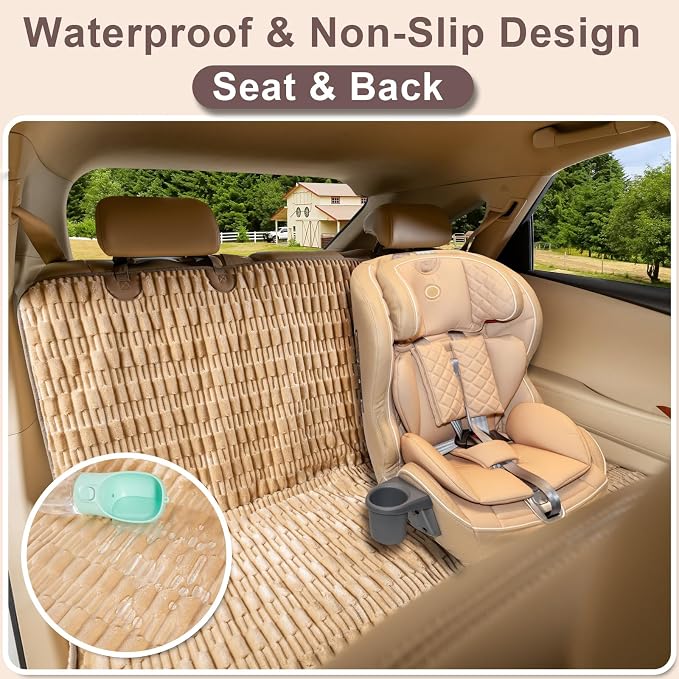 Dog Car Seat Cover, Soft Plush Waterproof Back Seat Protector, Tan | Non-Slip Backing, Full Bench Coverage, Hair, Dirt & Scratch Defense, Machine Washable, Fits Cars, SUVs & Trucks