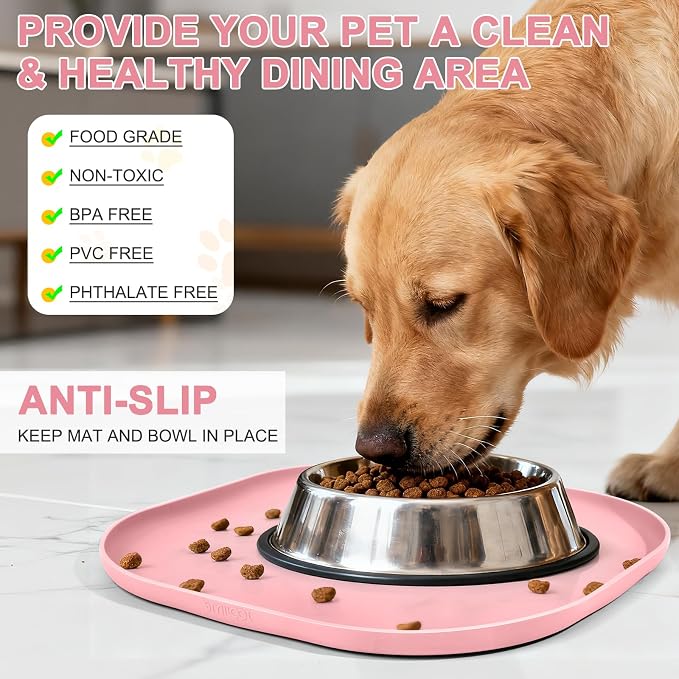 SMILOOL Small Silicone Pet Food Mat with Raised Edge for Food and Water Bowl, Square Dog Feeding Mats, Cat Food Trays for Floor Waterproof, Rubber Tray for Dogs and Cats, 12 x 12 x 0.7 Sakura Pink