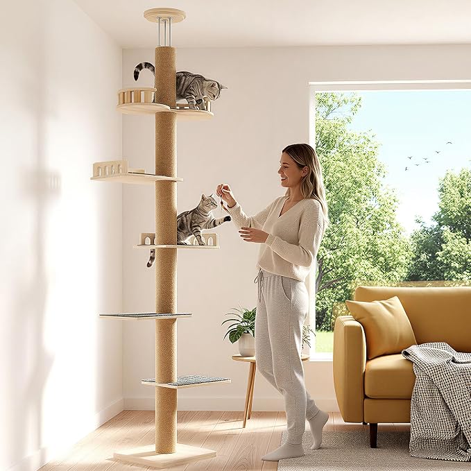 Veehoo Floor to Ceiling Cat Tree, 61-113" Adjustable Tall Tension Cat Tower | 4.5" Sturdy Thickened Scratching Posts, Space-Saving, 6 Tier Climbing Pole, No Drilling, Corner Tree for Indoor Cat, Wood