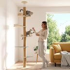 Veehoo Floor to Ceiling Cat Tree, 61-113" Adjustable Tall Tension Cat Tower | 4.5" Sturdy Thickened Scratching Posts, Space-Saving, 6 Tier Climbing Pole, No Drilling, Corner Tree for Indoor Cat, Wood