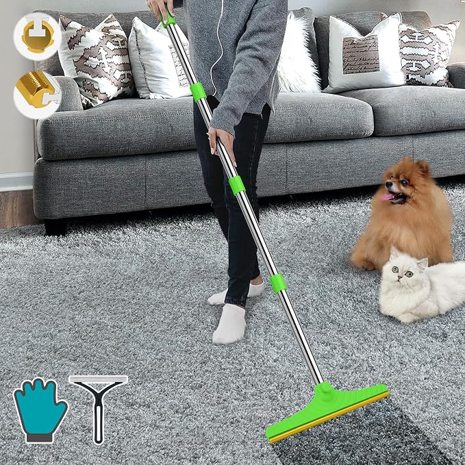 Carpet Rake for Pet Hair Removal, Green | Reusable Pet Hair Remover, 60" Adjustable Long Handle, Carpet Scraper for Dog Cat Hair, For Rugs, Mats, Couch, Furniture
