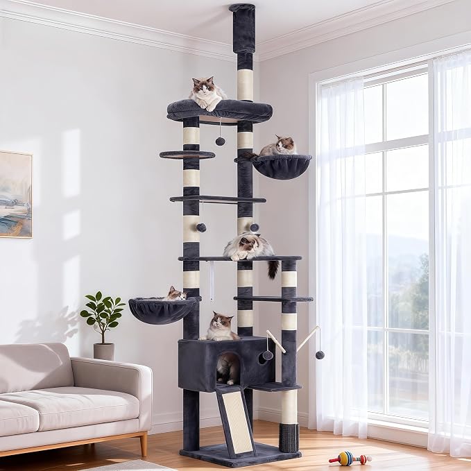 Hey-brother Cat Tree Tower, Adjustable Height, Floor to Ceiling, MPJ091G | 94.5-106.3 Inches Multi-Level Cat House, Scratching Posts, Plush Condo, Platform, Toy Ball for Indoor Big Cats, Smoky Gray