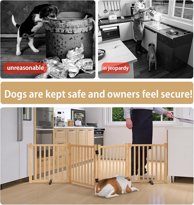 Wooden Freestanding Dog Gate Indoor - 23" H 4 Panels | No-Painted Foldable Pet Gates, Portable Folding Puppy Fence for Doorways, Stairs, Hallways