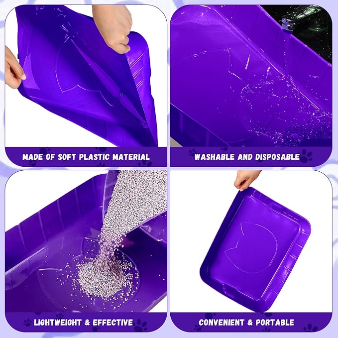 Bokon 25 Count Disposable Litter Box for Cat, Large Disposable Litter Tray for Travel Home Durable Portable Plastic Kitty Litters Boxes Leak-Resistant Easy-Grip Rim, 15.7 x 11.8 x 3 Inches(Purple)