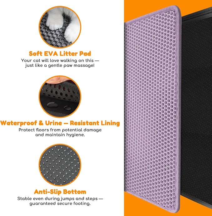 Cat Litter Mat 35"x24",Double Layer EVA Litterbox Mat Purple | Extra Large Honeycomb, Waterproof & non-slip, Odor-free, easy clean, washable durable floor protector,scatter control