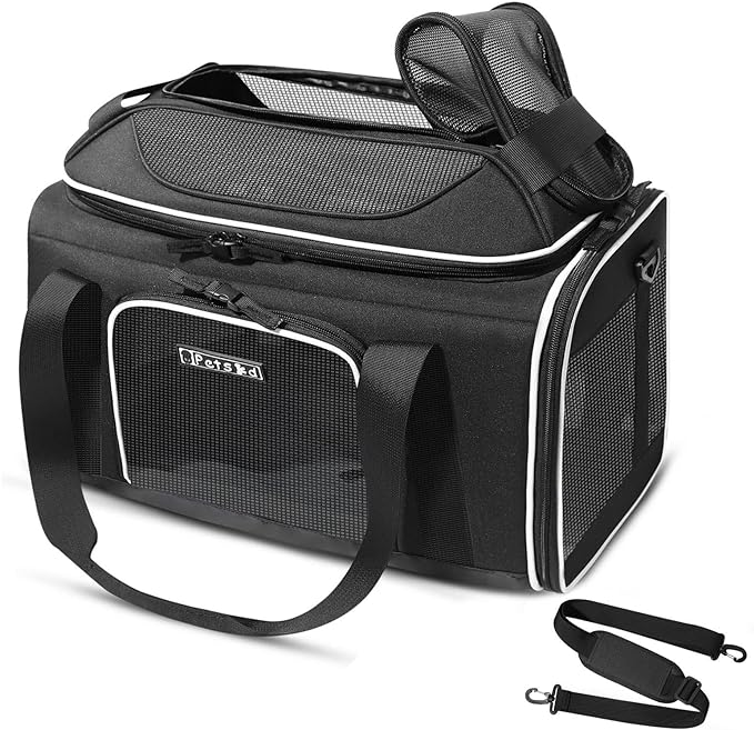 Petskd Top-Expandable Small Pet Carrier 18"x13"x9.5" Airline Approved | for Southwest Airlines, Lockable Safety Zippers and Anti-Scratch Mesh, Soft-Sided, Pets Under 10 Lbs, Black