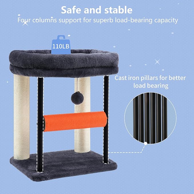 Hey-brother Cat Tree, Sturdy Tower with Sisal-Wrapped Columns, MPJ010SG | 18.9 Inches Cats Scratching Posts with Bed, Plush Toy Ball for Indoor Kittens, Smoky Gray
