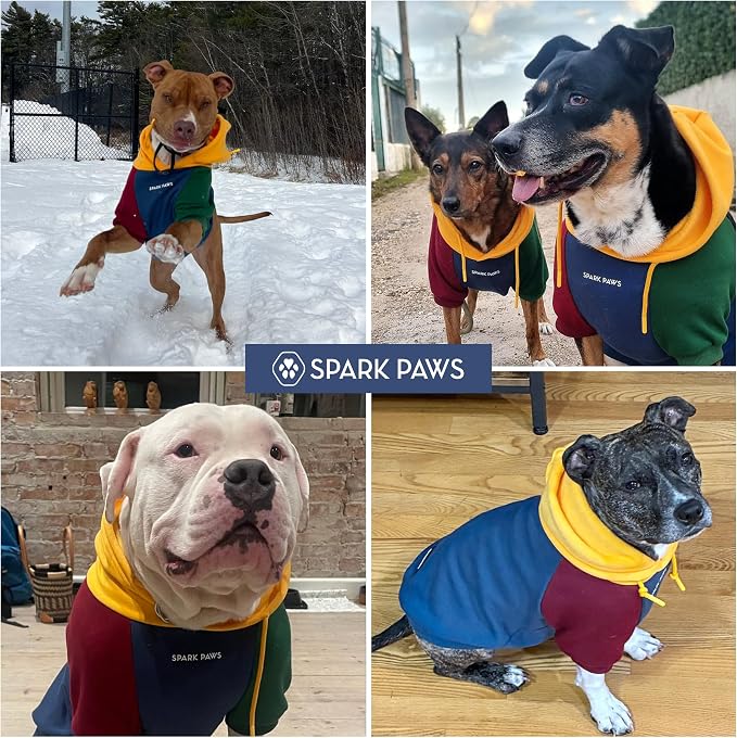 Spark Paws Dog Hoodie – Premium Dog Sweater for Small, Medium, and Large Dogs | Warm Outfits for French Bulldogs, Pitbull, Puppy, Winter Jacket Alternative - Primary Color Block - 5XL
