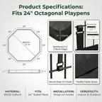 PJYuCien 2-in-1 Octagonal Dog Playpen Bottom Pad for 24" Side Pen, Black | Dual-function Pad, For Puppy Small Animals, Protects Floors, Easy Clean, 600D Oxford, Snap Hooks