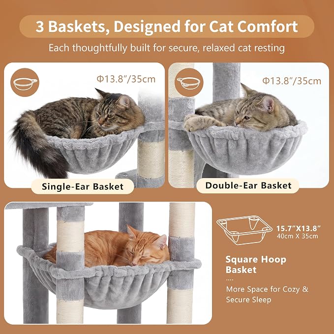 Heybly Cat Tree, 74.8-Inch Spacious & Tall Cat Tower for Large Cats HCT062W | Cat Furniture with Large Top Perch, Solid Base, 2 Cat Condos, Hanging Hammock, Durable Sisal Scratching Posts, Light Gray