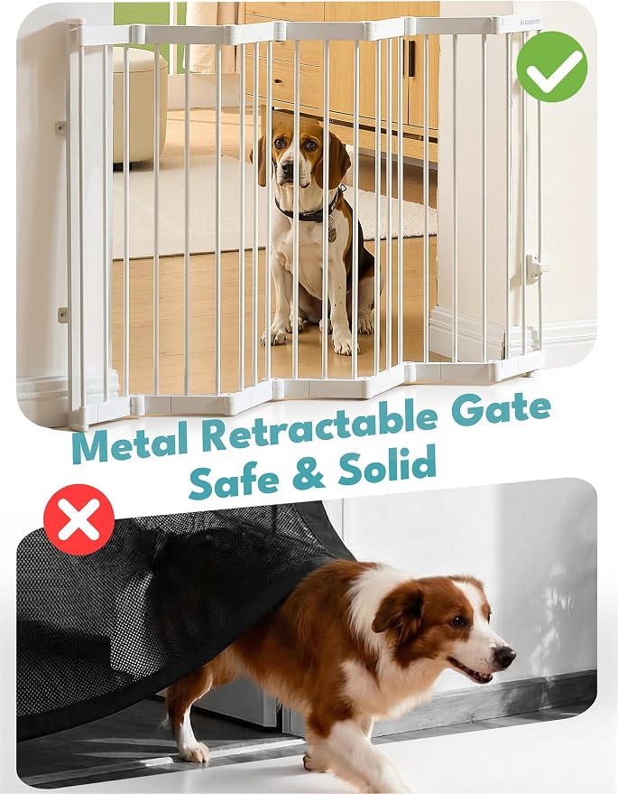 No Pawblems Retractable Safety Gate, Metal Adjustable Dog Gate for Doorways, Stairs & Hallways, Expands to 45" Wide, 36" Tall Gate, Auto Retract Design, No Bottom Bar, White
