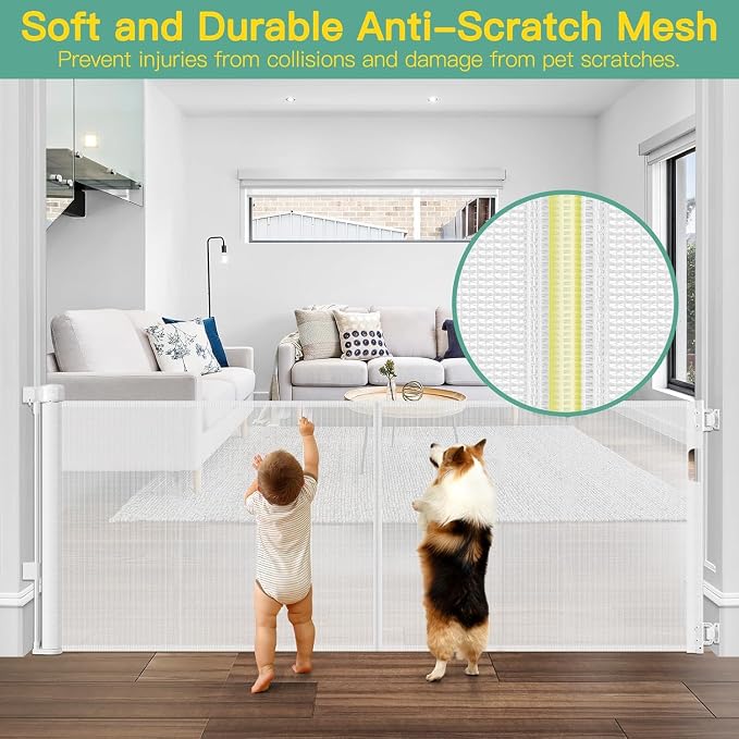 Reinforced 60" Wide Retractable Baby Gate with Reinforced Rods, 5 ft Retractable Dog Gate Indoor/Outdoor Baby Gate Retractable Gate - Bottom Anti-Escape, White | Indoor/Outdoor Retractable Dog Gate, Space-Saving, Easy One-Hand Operation, Scratch-Resist...