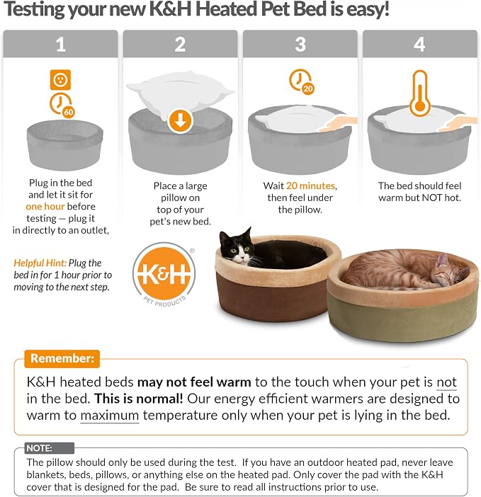 K&H Pet Products Thermo-Kitty Bed Heated Cat Beds for Indoor Cats & Dogs, Calming Warming Pillow Pet Bed, Machine Washable, Removable Heater, Safety Listed - Small 16" Round Mocha/Tan