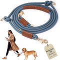 Hands Free Multifunctional Dog Leash for 1 or 2 Dogs, 9.8 ft, Tapestry Blue | Waist, crossbody, or handheld lead with leather handle to walk run hike train. Double attachments for 2 dogs up to 125lbs.