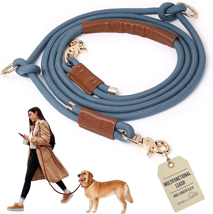 Hands Free Multifunctional Dog Leash for 1 or 2 Dogs, 9.8 ft, Tapestry Blue | Waist, crossbody, or handheld lead with leather handle to walk run hike train. Double attachments for 2 dogs up to 125lbs.