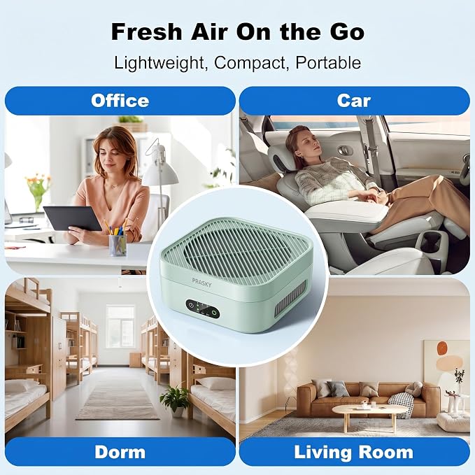 Air Purifiers for Home, 2 Filter, Plug-in, Quiet H13 True HEPA Purifier Car | Portable, Travel/RV/Desk/Bedroom/Office, 600 Ft², Captures Smoke/Odor/Pet Dander, Timer, USB Powered - Green