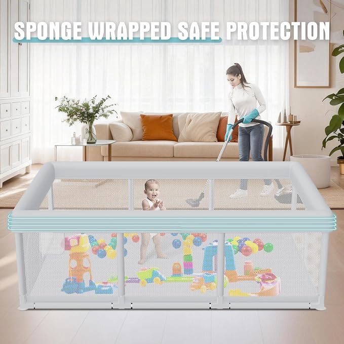 Hiaksedt Baby Playpen 74x50 Inch, Play Pens for Babies and Toddlers | Baby Fence Play Yards for Indoor & Outdoor with Breathable Mesh Anti-Fall Playpen (74"x50")