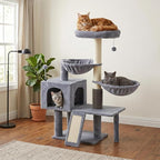 Smouatou Cat Tree with Cat Condo and Two Hammocks, Cat Tower with Scratching Posts and Scratching Pads Cat Toys, Grey
